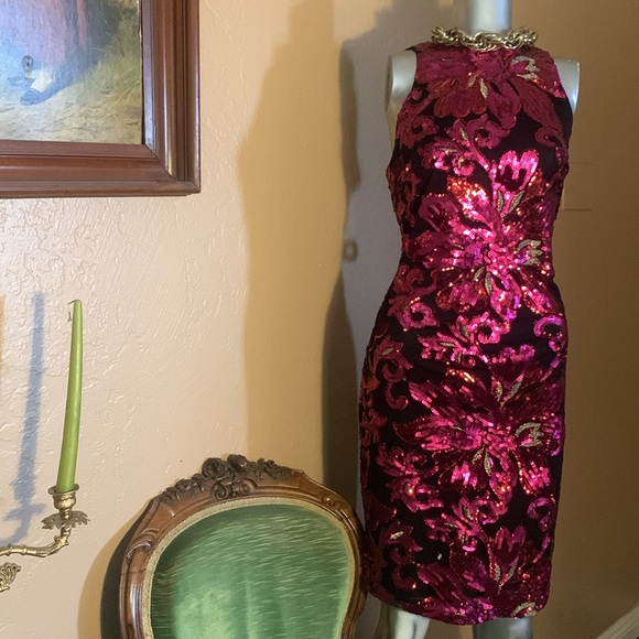 CACHE Black Pink Sequin High Neck Cocktail Dress.  Sz M - Picture 4 of 6